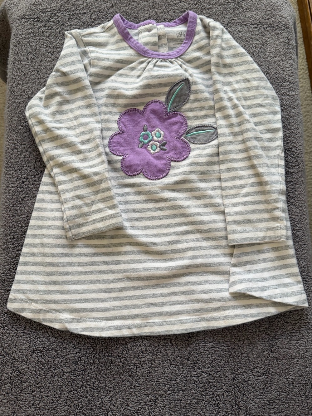 Little Me Gray & White Striped Top with Purple Flower Applique
